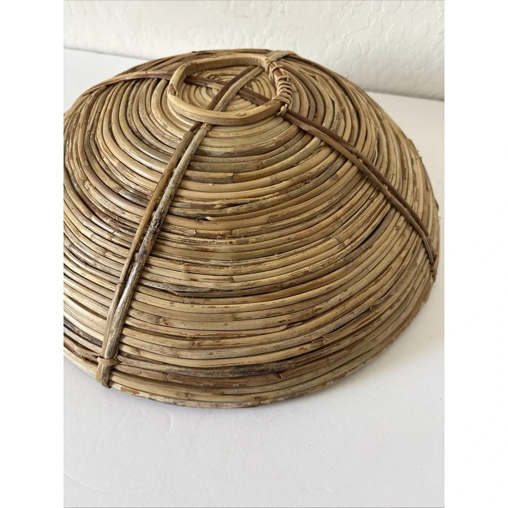 Vintage 60s MCM Pencil Reed Bamboo Rattan Bowl Basket Large